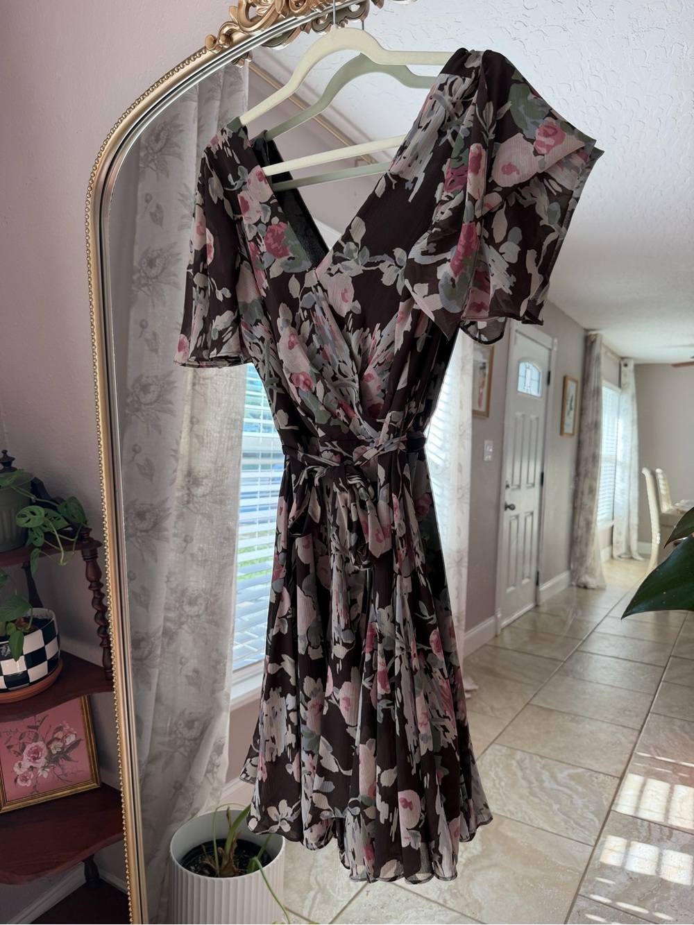Lauren Ralph Lauren Brown Floral Midi Dress with Pink and Green Accents
